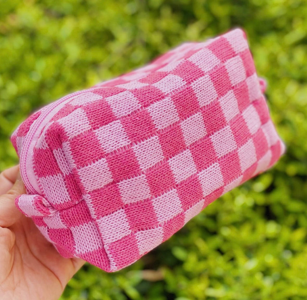 Pink Checkered Makeup Bag