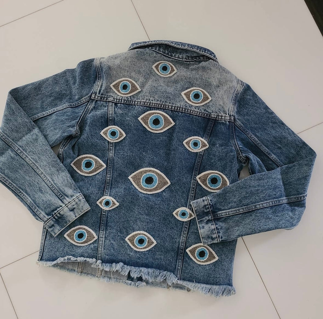 Evil Eye Beaded Jean Jacket